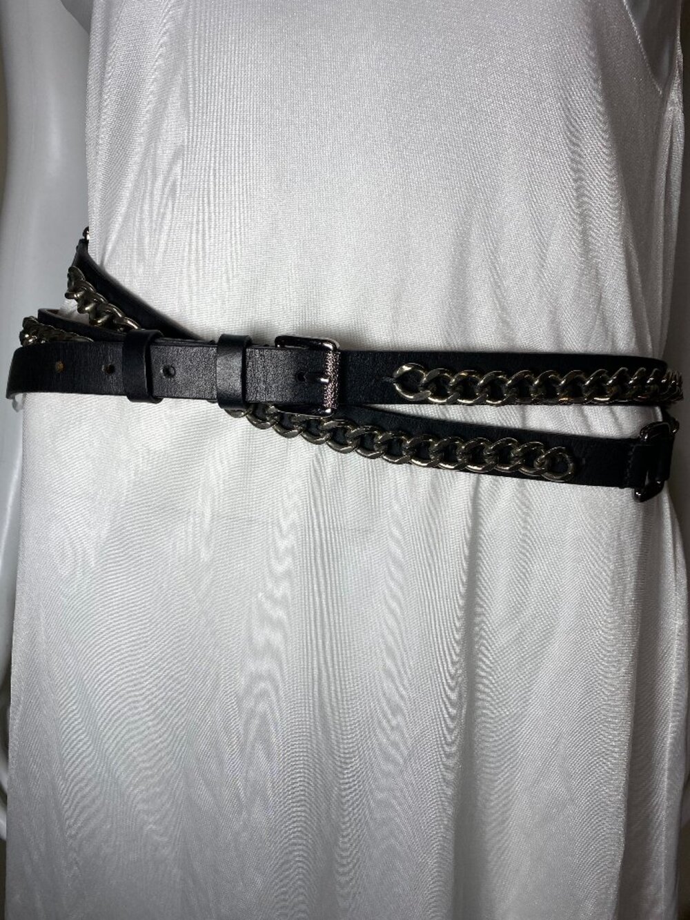 BARBARA BUI Italy Black Leather Silver Link Chain Double Wrap Belt 85 cm L $595